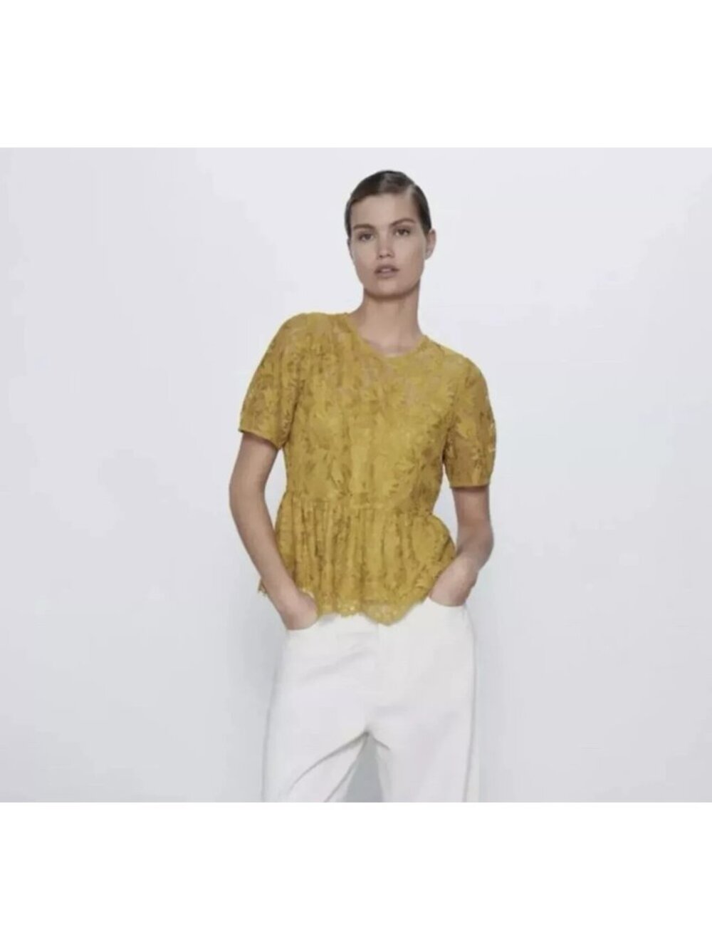 Zara Womens Large Mustard Yellow Lace Peplum Top Romantic Cottagecore Blouse - Picture 2 of 16